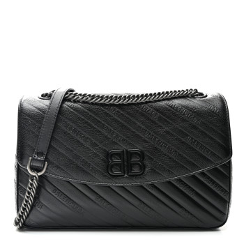 BALENCIAGA Shiny Goatskin Logo Embossed Monochrome M BB Round Shoulder Bag Black