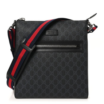 GUCCI GG Supreme Monogram Appia Calfskin Web Flat Messenger Bag Black Grey
