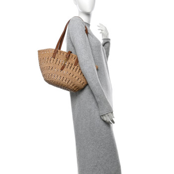 SAINT LAURENT Raffia Calfskin Small Panier Tote Naturel
