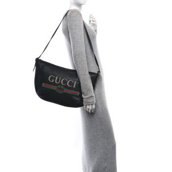 GUCCI Grained Calfskin Logo Half Moon Hobo Black