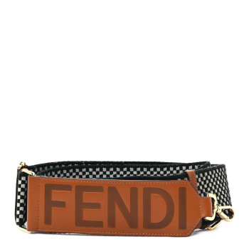 FENDI Ribbon Vitello King Logo Embossed Gingham Woven Adjustable Strap You Panna Black Cuoio