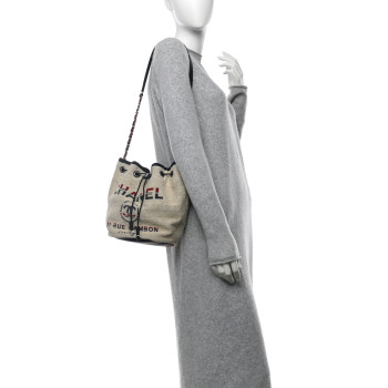 CHANEL Striped Canvas Deauville Drawstring Bag Beige