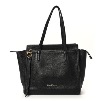 SALVATORE FERRAGAMO Hammered Calfskin Double Handle Large Amy Tote Black