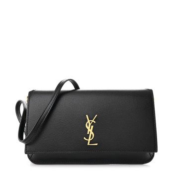 SAINT LAURENT Grained Calfskin Monogram Phone Holder Crossbody Black