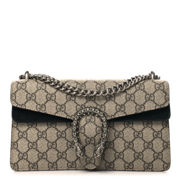 GUCCI GG Supreme Monogram Suede Crystal Small Dionysus Shoulder Bag Beige Ebony Black
