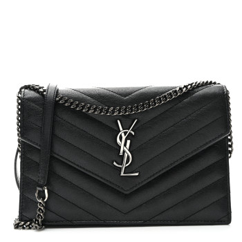 SAINT LAURENT Calfskin Matelasse Chevron Monogram Envelope Chain Wallet Black