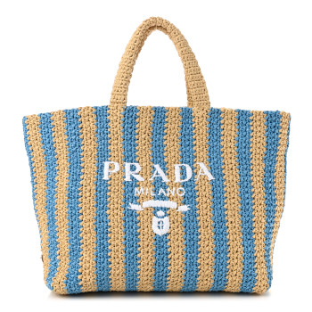 PRADA Yarn Raffia Effect Crochet Striped Large Logo Tote Naturale Celeste