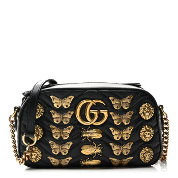 GUCCI Calfskin Matelasse Animal Studs Small GG Marmont Chain Shoulder Bag Black