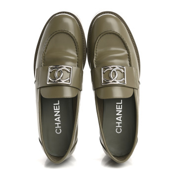 CHANEL Calfskin Metal CC Loafers 38.5 Khaki