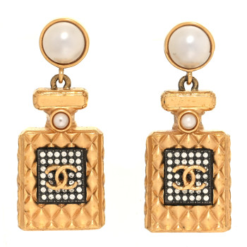 CHANEL Crystal Pearl CC Perfume Bottle Drop Earrings Gold