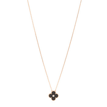 VAN CLEEF & ARPELS 18K Rose Gold Diamond Silver Obsidian Vintage Alhambra Pendant Necklace