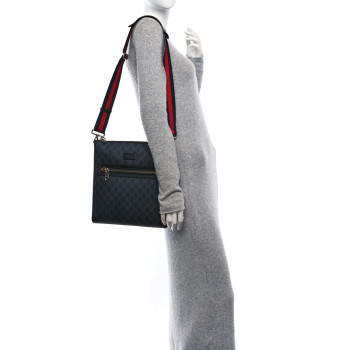 GUCCI GG Supreme Monogram Appia Calfskin Web Flat Messenger Bag Black Grey
