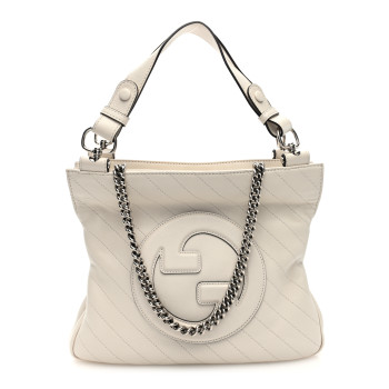 GUCCI Sakai Be Green Calfskin Diagonal Stitched Small Blondie Tote Mystic White