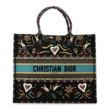 CHRISTIAN DIOR Canvas Embroidered Large Flowers Heart Book Tote Black Multicolor