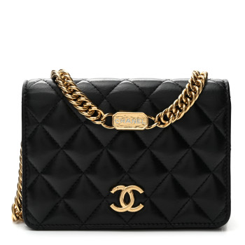 CHANEL Lambskin Quilted Enamel Logo Chain WOC Black