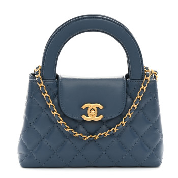 CHANEL Shiny Aged Calfskin Quilted Nano Kelly Shopper Dark Blue