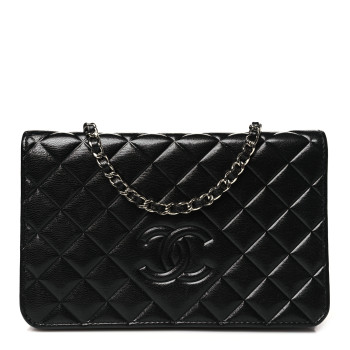 CHANEL Goatskin Quilted Diamond CC Wallet On Chain WOC Black