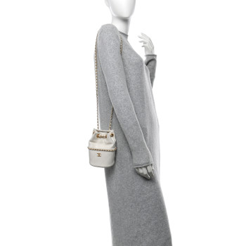 CHANEL Shiny Lambskin Quilted Chain Bucket Bag White