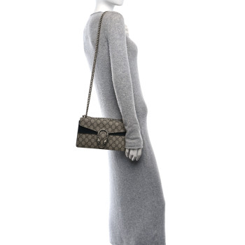 GUCCI GG Supreme Monogram Suede Crystal Small Dionysus Shoulder Bag Beige Ebony Black