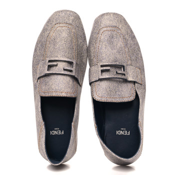 FENDI Vitello Pelle Stampa Denim Baguette Driving Loafers 38 Azzurro