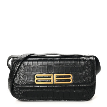 BALENCIAGA Extra Supple Calfskin Crocodile Embossed Small Gossip Bag Black