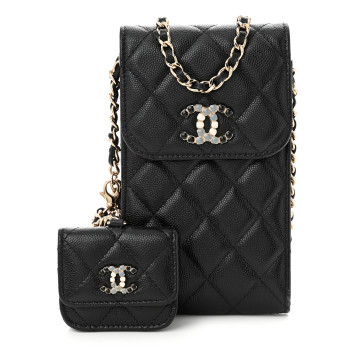 CHANEL Caviar Quilted Crystal CC Airpods Pro and Phone Case With Chain Black