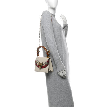 GUCCI Goatskin Pearl Mini Fox Broche Bamboo Top Handle Bag Hibiscus Red Mystic White