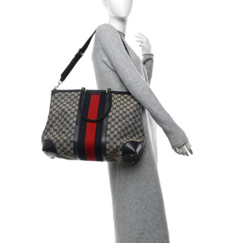 GUCCI GG Canvas Vintage Web Large Tote Beige Blue