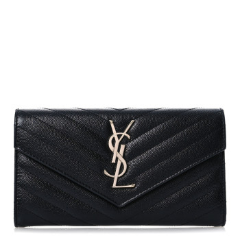SAINT LAURENT Grain De Poudre Matelasse Chevron Monogram Flap Wallet Black