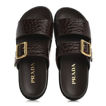 PRADA Calfskin Embossed Crocodile Buckle Slide Sandals 36 Cacao
