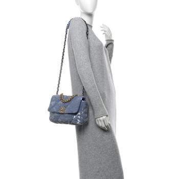 CHANEL Sequin Quilted Medium Chanel 19 Flap Light Blue