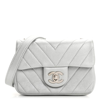 CHANEL Metallic Lambskin Chevron Quilted Mini Flap Silver
