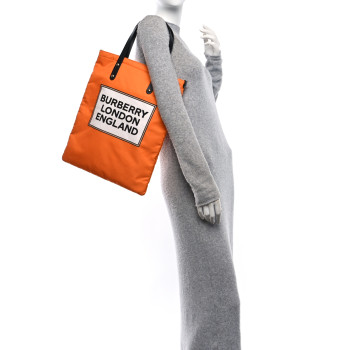 BURBERRY Nylon London England Print Logo Flat Tote Orange