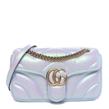 GUCCI Iridescent Nappa Chevron Matelasse Small GG Marmont Shoulder Bag Iridescent Snow Light Blue