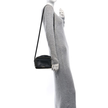 VALENTINO GARAVANI Pebbled Calfskin Rockstud Camera Crossbody Bag Black