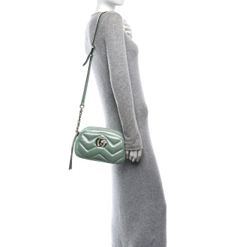 GUCCI Iridescent Nappa Chevron Matelasse Small GG Marmont Chain Shoulder Bag Iridescent Salvy Green