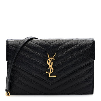 SAINT LAURENT Grain De Poudre Matelasse Chevron Monogram Envelope Chain Wallet  Black