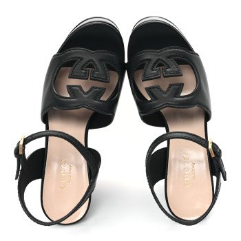 GUCCI Cosmos Softy Calfskin Wooden Interlocking G Cut-Out 30/120mm Platform Sandals 35 Black