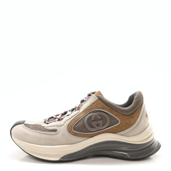 GUCCI Technical Knit Fabric Suede Calfskin Womens Gucci Run Sneakers 38 Grey Sky