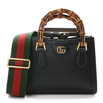 GUCCI Textured Dollar Calfskin Web Mini Diana Tote Bag Black Dusty Grey