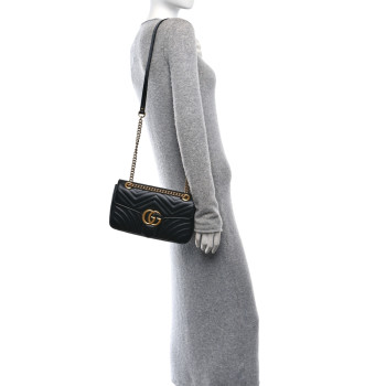 GUCCI Calfskin Matelasse Small GG Marmont Shoulder Bag Black