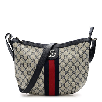 GUCCI GG Supreme Monogram Textured Dollar Calfskin Web Small Ophidia Half Moon Hobo Beige Blue