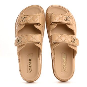 CHANEL Lambskin Quilted Velcro Dad Chain CC Slide Sandals 39 Beige