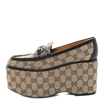 GUCCI Canvas GG Monogram Horsebit Calfskin Womens Horsebit Platform Loafers 37 Beige Ebony