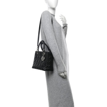 CHRISTIAN DIOR Lambskin Cannage Contrast Stitch Medium Lady Dior Black
