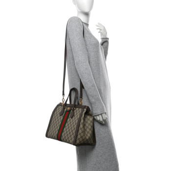 GUCCI GG Supreme Monogram Web Medium Ophidia Tote Bag Brown