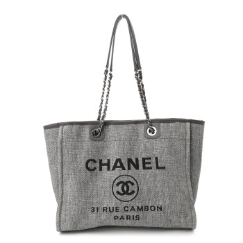 CHANEL Woven Straw Raffia Small Deauville Tote Charcoal