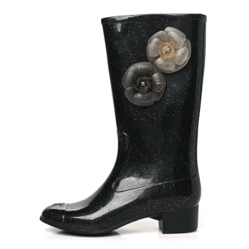 CHANEL Rubber Glitter Camellia Rain Boots 38 Black