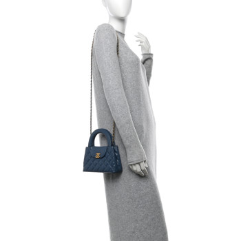 CHANEL Shiny Aged Calfskin Quilted Nano Kelly Shopper Dark Blue