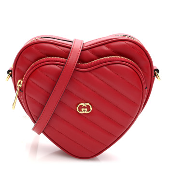 GUCCI Calfskin Matelasse Diagonal Mini Interlocking G Heart Shoulder Bag Hibiscus Red
